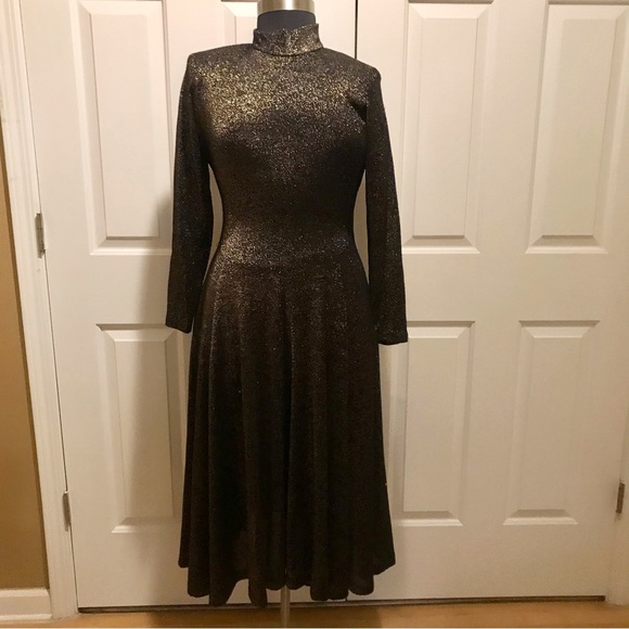 Virgo II 80’s black gold bronze long sleeve vintage dress - Picture 2 of 5